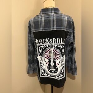 Panache Apparel Grey & Blue Plaid  Flannel Rock & Roll Back Graphic, Small